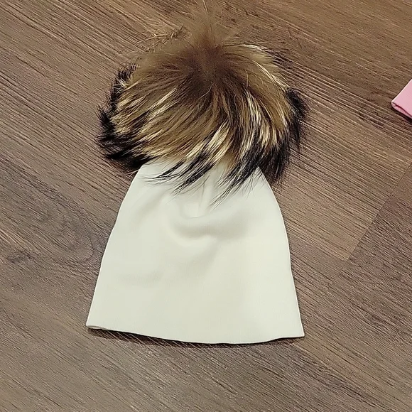 Baby beanie hat with pom poms real fur interchangeable pink and cream hat - Picture 2 of 5